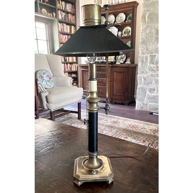 French 1970s Chapman Brass French Bouillotte Lamp With Black Tole Shade For Sale - Image 3 of 14