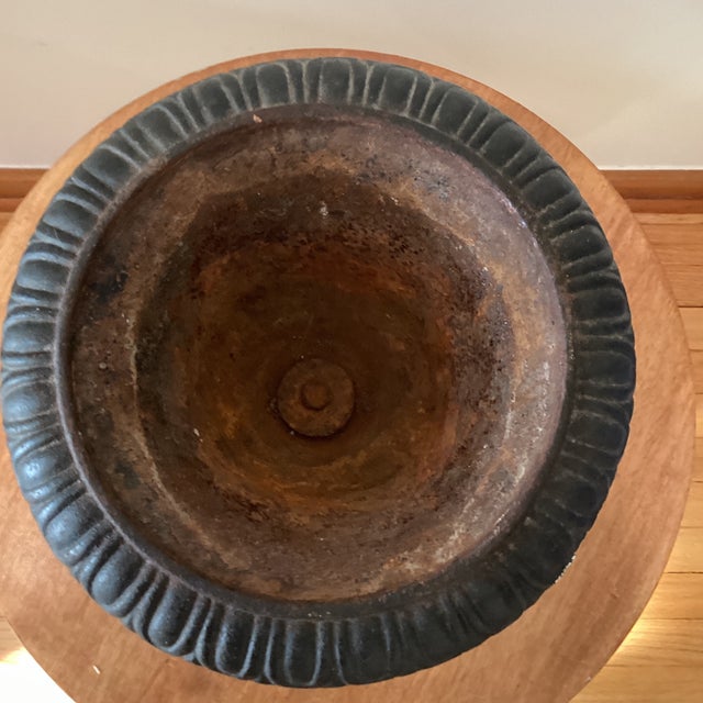 Metal Vintage Patinated Cast Iron Campagna Style Fluted Rim Square Base Garden Urn For Sale - Image 7 of 12