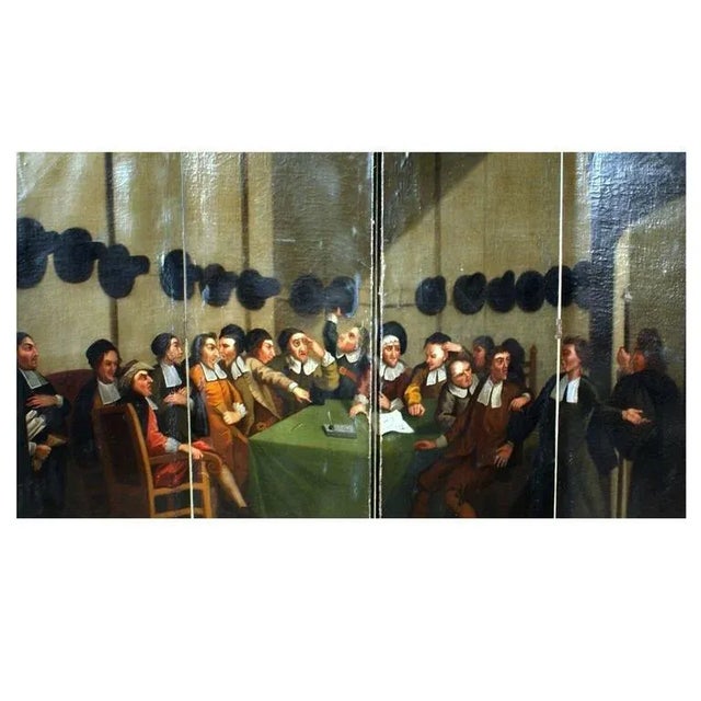 Realism Antique American Four-Panel Oil Painting Screen, "The Pilgrims Council" For Sale - Image 3 of 3