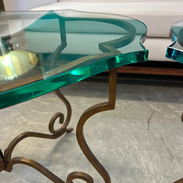 Gilt Metal and Custom 3/4 Inch Notched Glass Side/ Cocktail Tables a Pair For Sale - Image 4 of 10
