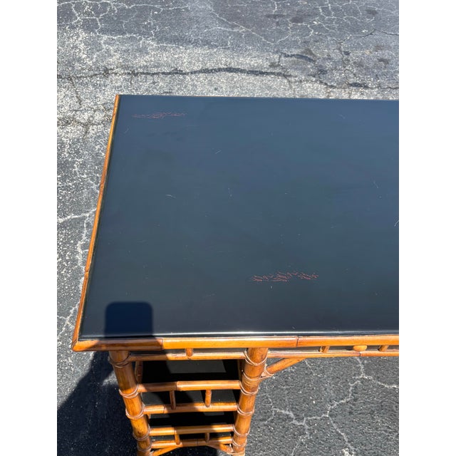Vintage Coastal Bamboo and Black Lacquer Desk by Milling Road for Baker For Sale In Miami - Image 6 of 10