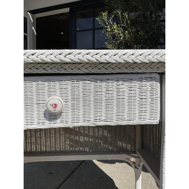 Vintage White Wicker Writing Desk / Vanity Table With Drawer For Sale - Image 9 of 15