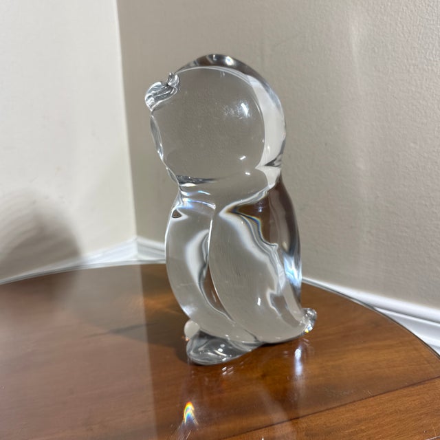 vintage clear art glass owl figurine/paperweight featuring a minimalist Mid-Century Modern design with smooth contours,...