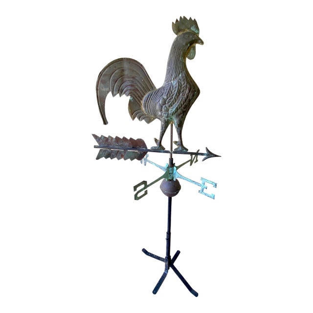 Copper Rooster Weathervane With Directionals (N, E, S, W) and Crown Roof Mount For Sale
