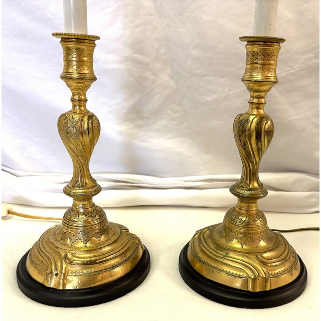 Antique French Art Nouveau Embossed Brass Candlestick Lamps- A Pair For Sale - Image 9 of 18