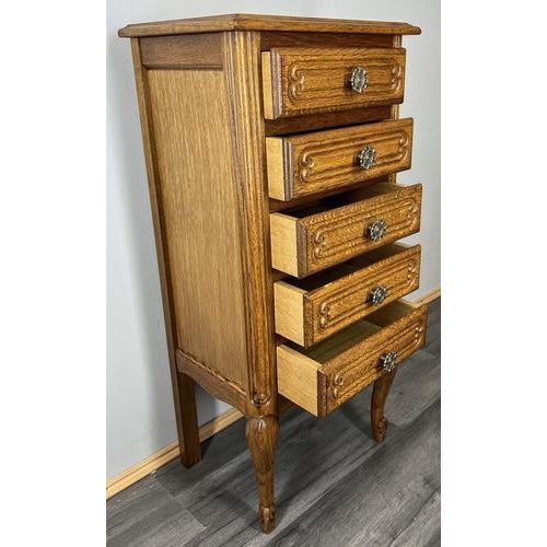 Vintage French Louis XVI Style Carved Oak Chest of Drawers For Sale - Image 3 of 9
