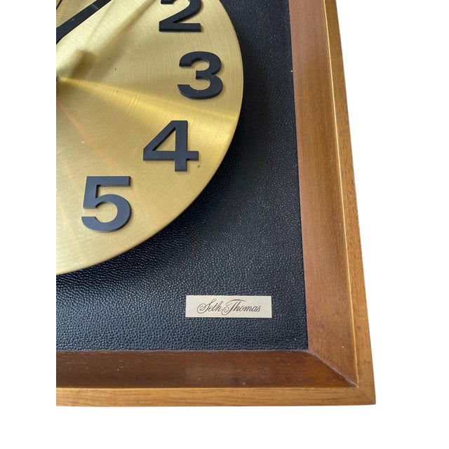 Vintage Mid-Century Modern Seth Thomas Wall Clock "Candid" Model E326-004 in Likely Walnut Shadow Box With Brass Toned Dial For Sale In Seattle - Image 6 of 10