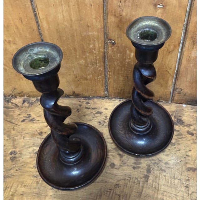 1930s Vintage English Oak Open Barley Twist Candlesticks For Sale - Image 5 of 6