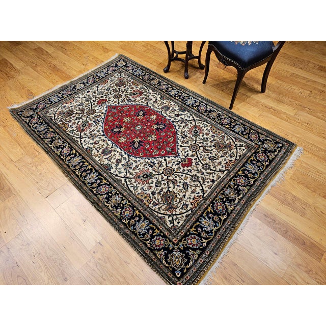 Textile Vintage Persian Qum Area Rug, Hand-Knotted Wool & Silk, Floral Medallion Pattern, 5x7, Ivory & Red For Sale - Image 7 of 18