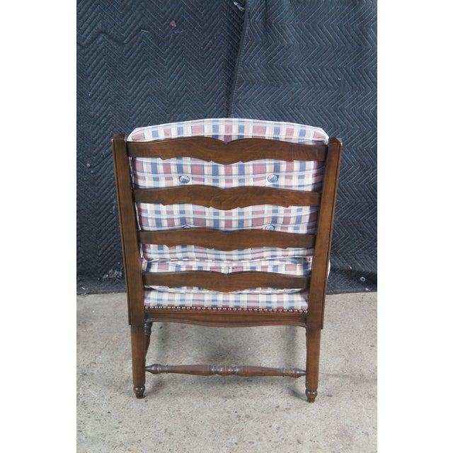 Late 20th Century 2 French Country Walnut Plaid Fauteuil Nailhead Ladderback Club Lounge Armchairs For Sale - Image 9 of 12