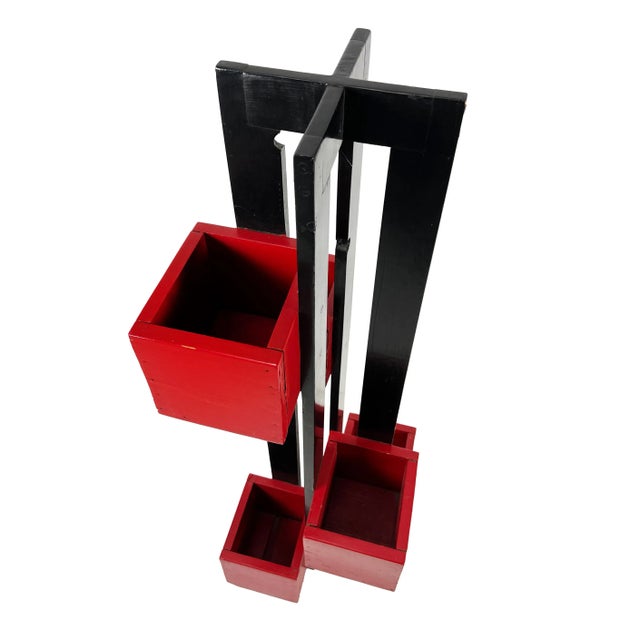 Wood Vintage 1960s Handmade Modern Painted Black & Red Wood De Stilj Staggered Cubes Floor Planter For Sale - Image 7 of 11