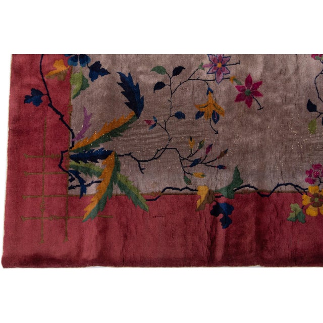 1920s Antique Art Deco Brown and Red Chinese Handmade Wool Rug For Sale - Image 4 of 7