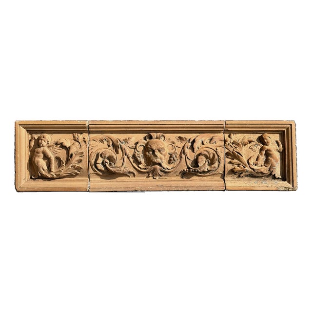 Antique Terracotta Building Facade Plaque - Mythological Cherubic Theme - Tri-Parte For Sale