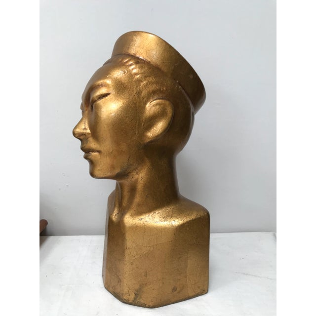Mid Century Modern Gilded Oriental Male Head Bust Statue For Sale - Image 4 of 7
