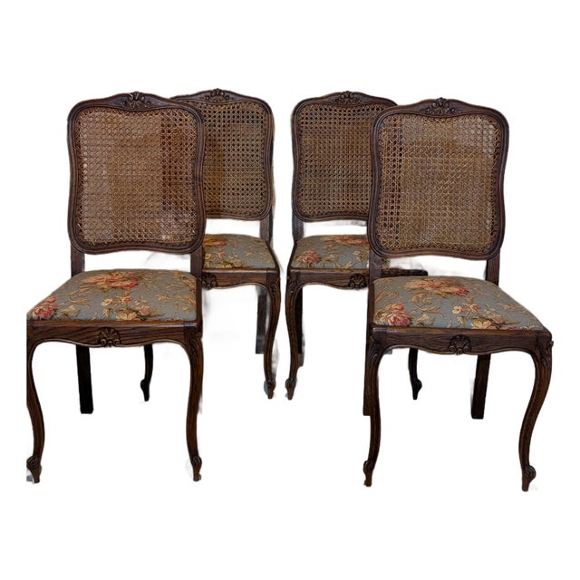 1920s French Louis XV Style Set of Four (4) Cane Back Dining Chairs For Sale