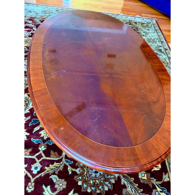 Ethan Allen 18th Century Chippendale Style Banded Mahogany Oval Coffee Table With Claw and Ball Feet For Sale - Image 10 of 13