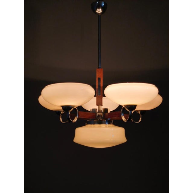 Art Deco Chrome and Walnut Chandelier, Czechoslovakia, 1930s For Sale - Image 10 of 11