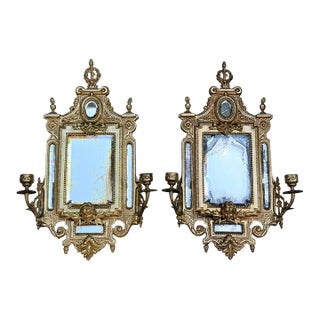 Antique French Renaissance Revival Cast Brass Girandole Sconce Mirrors - A Pair For Sale