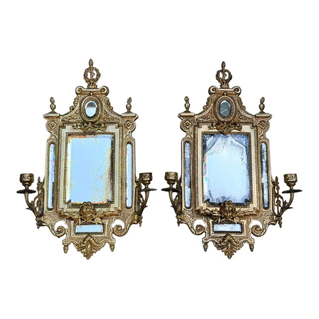 Antique French Renaissance Revival Cast Brass Girandole Sconce Mirrors - A Pair For Sale