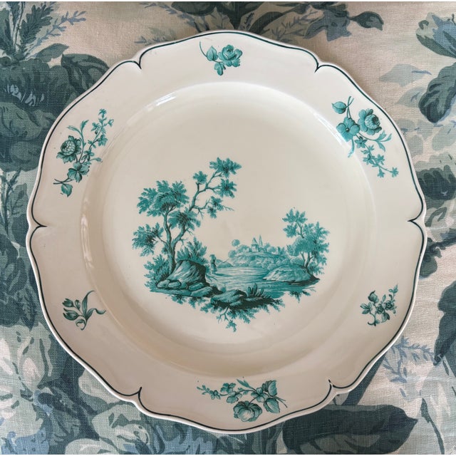 Teal Antique French Faience Plates by Creil Et Montereau in the Watteau Pattern - Set of 6 For Sale - Image 8 of 16