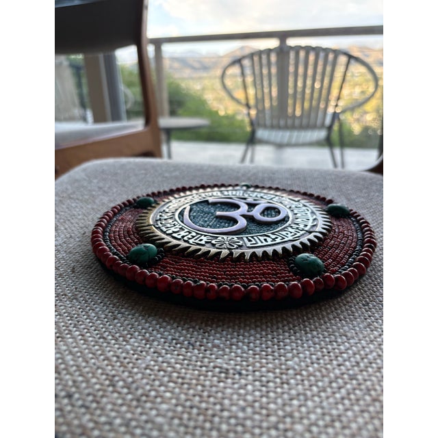 Handcrafted Beaded Om Wall Hanging Plaque. Metal & Turquoise, Jasper. India For Sale - Image 11 of 12