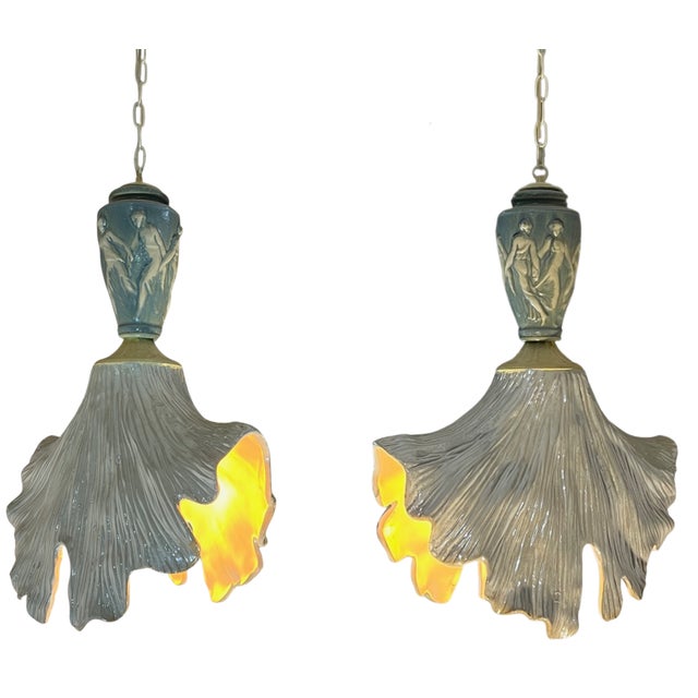 Mid-Century Modern Vintage Light Blue Cream Goddess Ceramic Pendant Light For Sale - Image 3 of 18