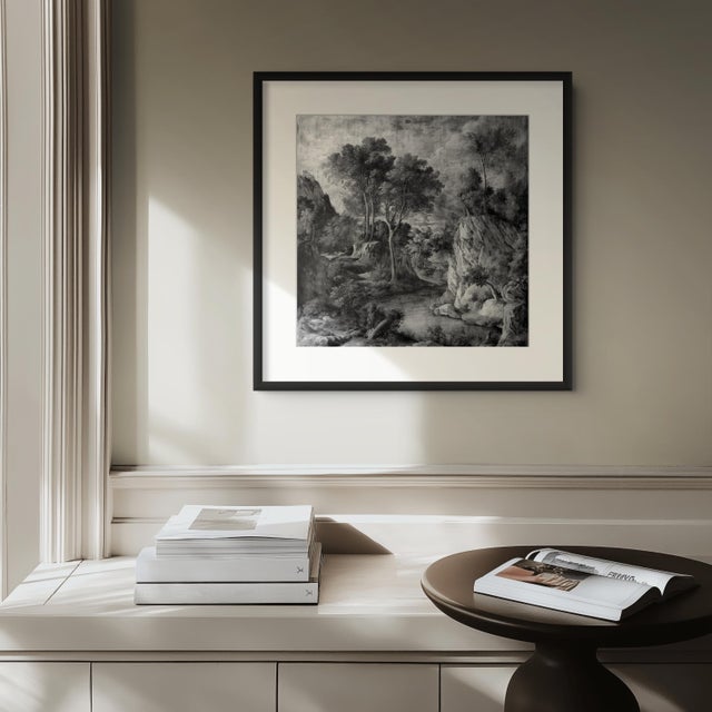 Contemporary 14" X 14" Grisaille Landscape Original Print 16th Century Style / Black and White For Sale - Image 3 of 4