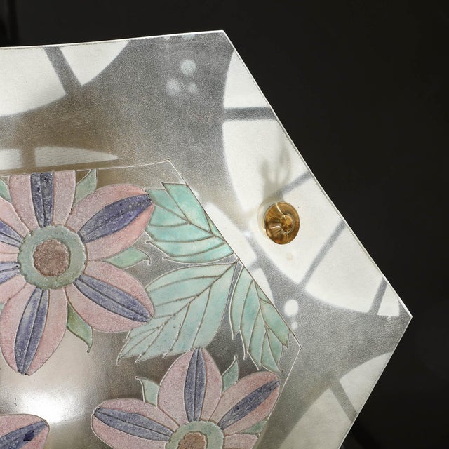Art Deco Hexagonal Frosted & Pressed Glass Pendant W/ Floral Details Signed BHV For Sale - Image 15 of 18