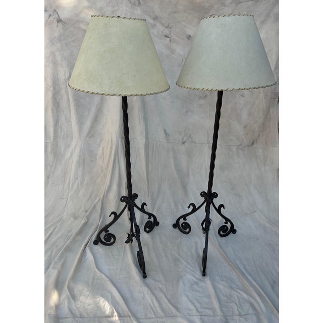 Hand Wrought Twisted Iron Floor Lamps with Custom Parchment Shades - a Pair For Sale - Image 9 of 12