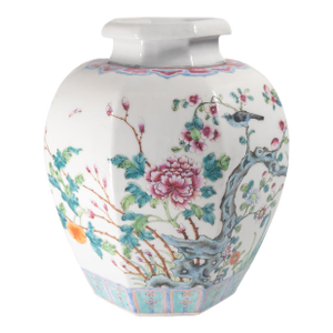 Early 20th Century Chinese Republic Period Famille Rose Faceted Jar or Vase