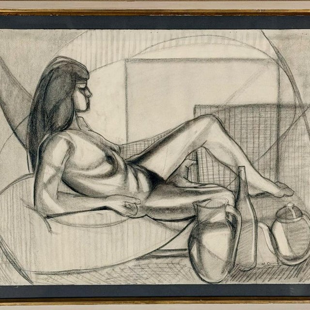 A mid-century charcoal on paper figural study of a reclining woman by marceau constantin (1918-2017). Signed 'm...