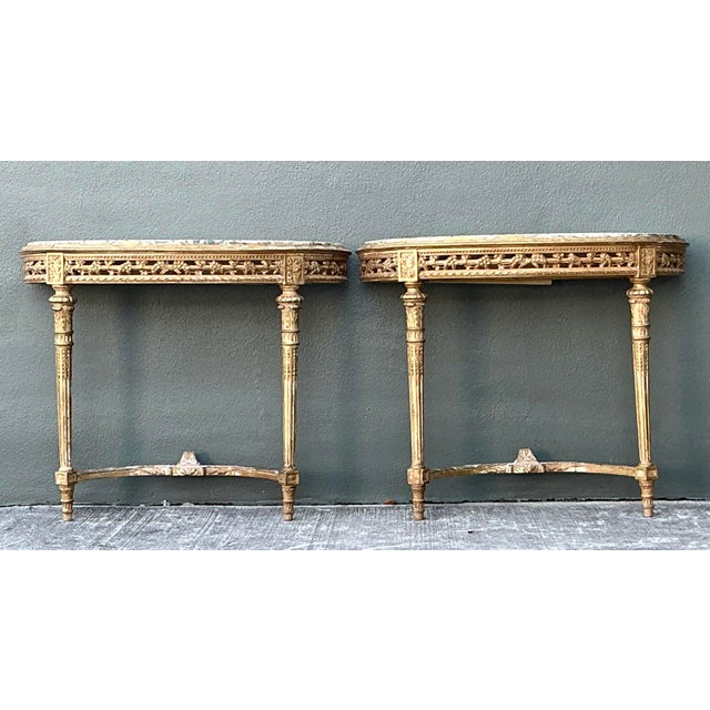 Vintage French Giltwood Marble Top Demilune Console Tables - A Pair For Sale - Image 12 of 12