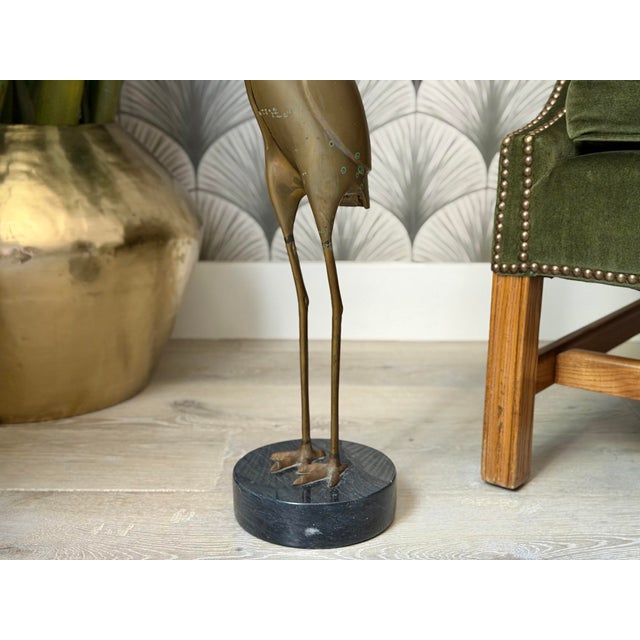 Vintage Mid-Century Modern Hollywood Regency Bronze Brass and Marble Crane Bird Figure Statue Sculpture For Sale In Los Angeles - Image 6 of 10