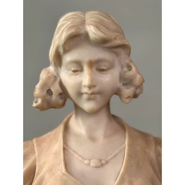 Antique Art Nouveau Hand Carved Alabaster Bust of a Young Woman With Marble Stand For Sale In Philadelphia - Image 6 of 10