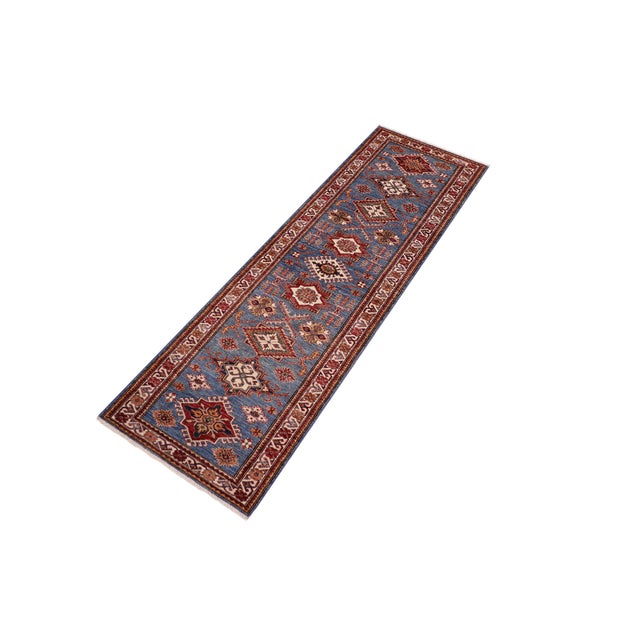 Rustic Super Kazak Blue/Beige Wool Runner - 2'8'' X 10'6'' For Sale In New York - Image 6 of 8