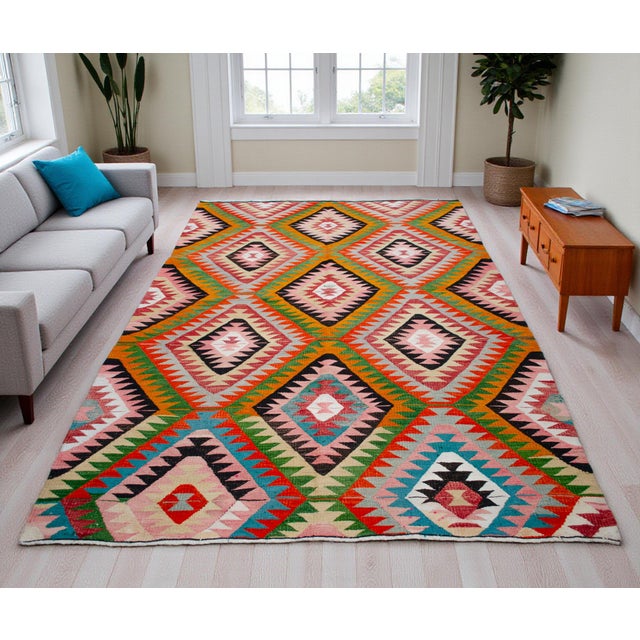 Contemporary Vintage Turkish Rug Kilim, Handwoven Primitive Tribal Statement, Bohemian Area Rug - 6′4″ X 9′4″ For Sale - Image 3 of 15