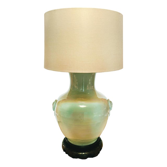 Mid 20th Century Large Celadon Green Ceramic Urn Table Lamp For Sale