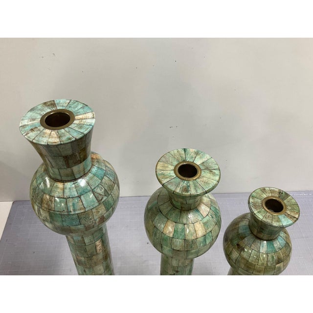 Set of 3 Large Unique Tessellated Bone Candle Holders Candlesticks For Sale - Image 4 of 4