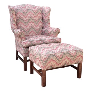 Vintage American Flamestitch Wingback Chair + Ottoman For Sale