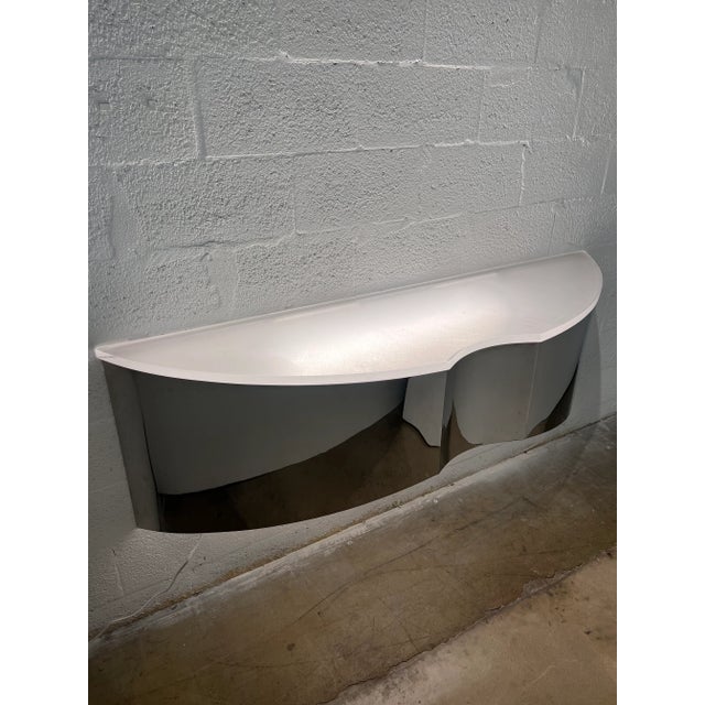 Metal Mid-Century Custom Polished Steel and Frosted Lucite Illuminated Floating Shelf or Console For Sale - Image 7 of 13