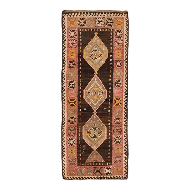 1960s Vintage Turkish Kilim Brown Handmade Tribal Wool Runner For Sale