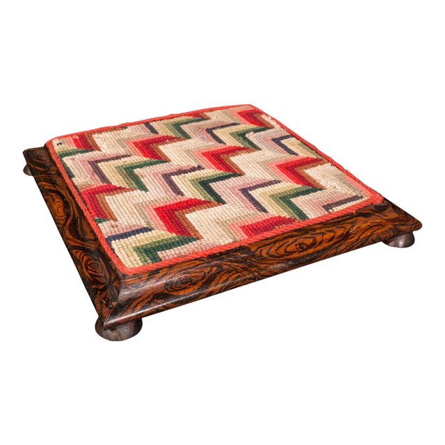 1850s Victorian Small Antique Tabletop Sampler, English, Embroidered, Miniature Stool For Sale