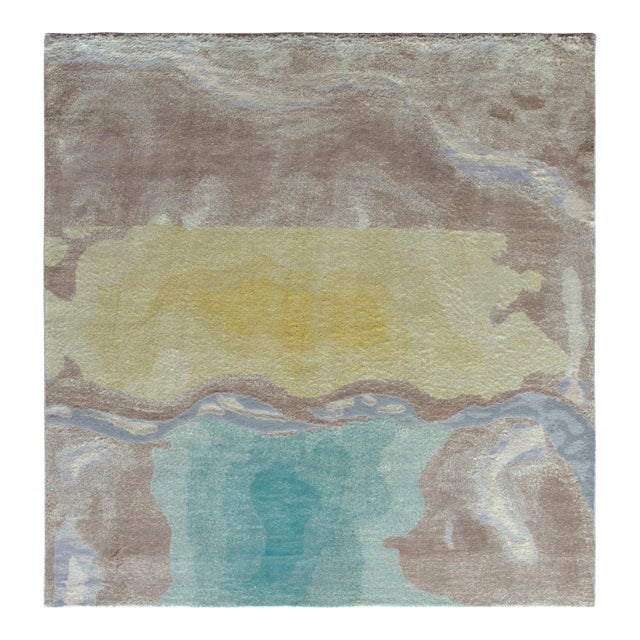 Rug & Kilim’s Abstract Square Rug in Beige, Blue & Yellow Wavy Patterns For Sale