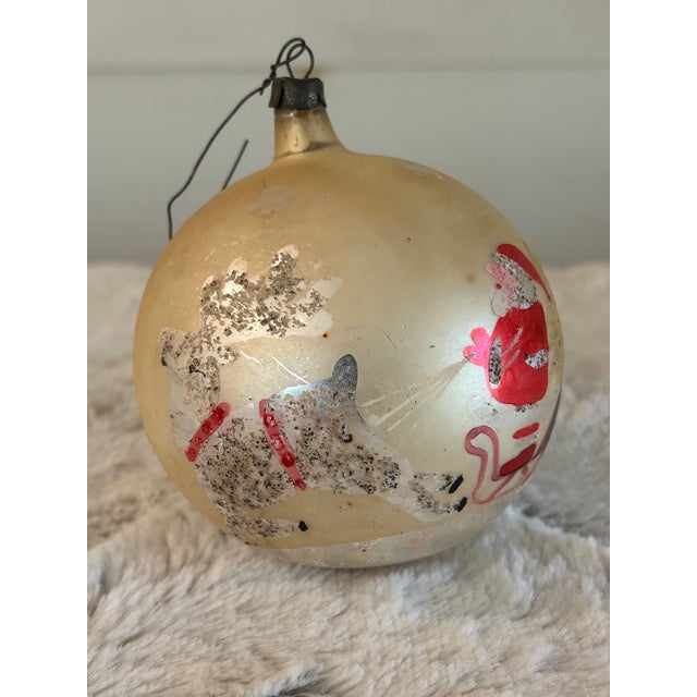 Large mercury glass Santa on sleigh with reindeer Hand painted.