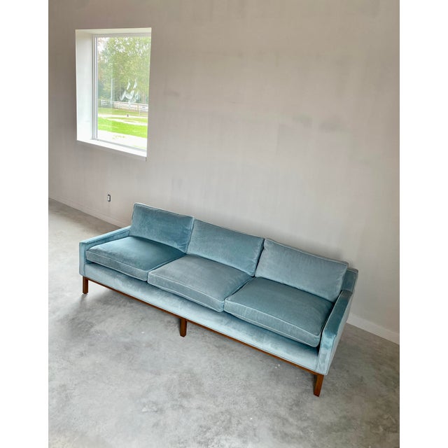 Baby Blue Icy Blue Dunbar-Style Sofa With Walnut Base + Legs For Sale - Image 8 of 14