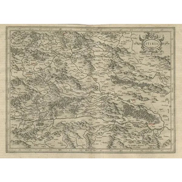 Antique map titled 'Stiria'. Original antique map of Styria, Austria. Published by G. Mercator, circa 1650.