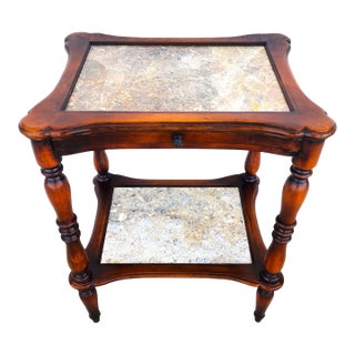 Theodore Alexander 2 Tier Mahogany & Marble Side Lamp Table With Pullout Top For Sale
