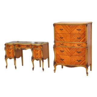 Magnificent Vintage French Provincial Louis XV Rococo Satinwood & Burl Wood Vanity and Tall Boy Chest Set For Sale