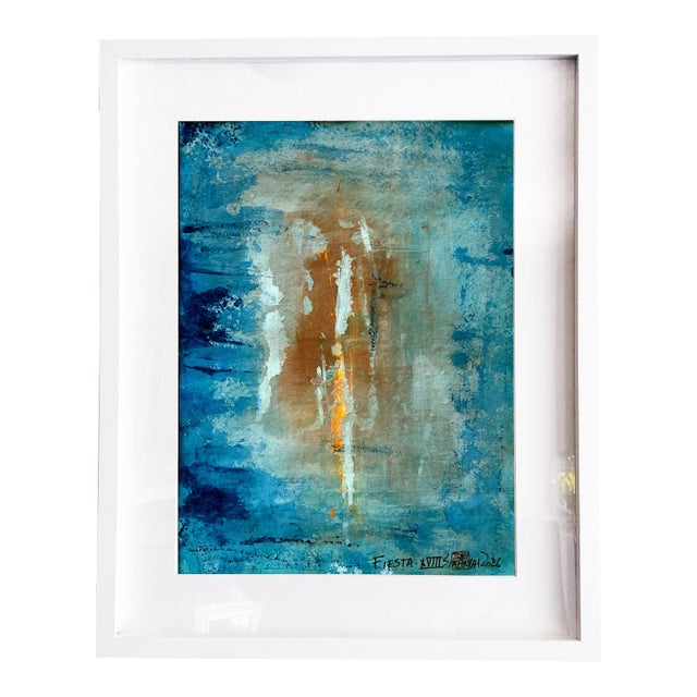 Fiesta. XVIII White Framed Abstract Orange / Blue Painting For Sale