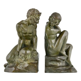 Art Deco Bronze Bookends of Satyr and Nude by Andre Gilbert and M. Guillemard, 1925, Set of 2 For Sale